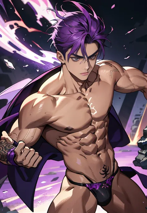 Purple crystals are piled up all around，Accompanied by a purple dragon，The dragon accompanied the boy，Tattoo in purple，Purple hair，Hot teenage flesh, A meticulous face，Handsome face，18 year old young beautiful man，Handsome guy，Muscle Junior，Tall figure，Eig...