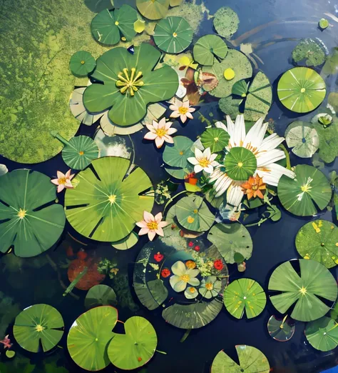 (Masterpiece:1.2), Best quality,fantasy,
scenery, From above, water, No Man, flower, lily pad, Outdoors, rock music, food，top down shot，Overhead shot，top - down photograph