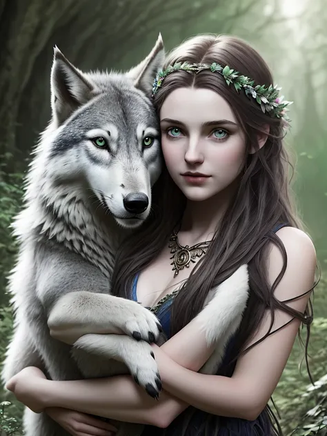 (Beautiful Druidic Girl:1.3) hugging a wolf  (the Extremely Detailed CG Unity 8K Wallpapers,masutepiece, Best Quality, Ultra-detailed, Beautiful detailed eyes:1.2),Best Illumination, (Best Shadow, extremely delicate and beautiful, bloom), masutepiece, Best...