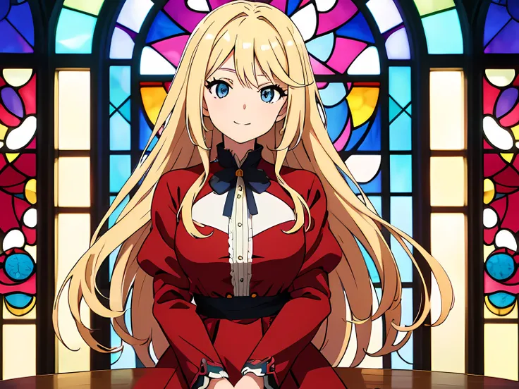 anime girl with long blonde hair, beautiful eyes finely detailed, toothy smile, wearing red dress standing in front of you, lying on the table, leaning towards you, standing in front of stained glass windows, (half body:0.6), anime best girl, masterpiece s...