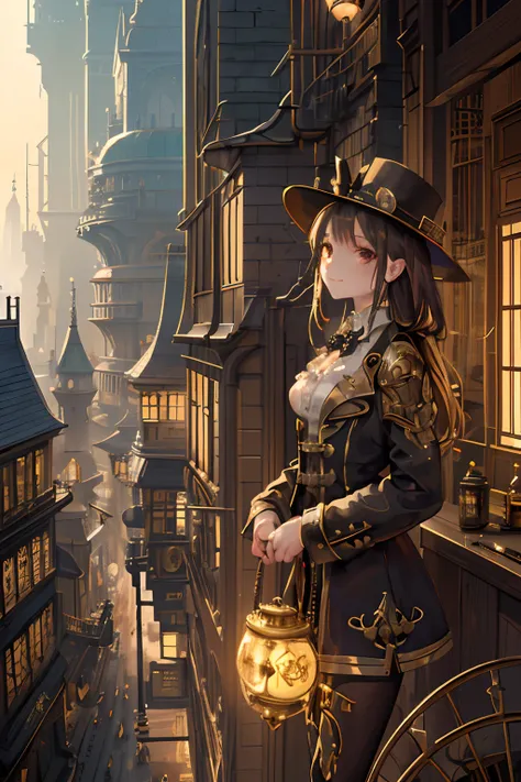 Create an illustration depicting a little girl overlooking a steampunk cityscape. The girl should be standing in a vantage point, Rooftops, bridges, etc., Look down on the intricately designed steampunk city below. The cityscape should be meticulous and de...