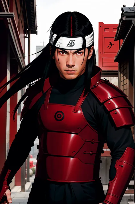 masterpiece, best quality, ultra-detailed, upper body shot, 1man, male focus, hashirama senju, wearing red armor, long black hai...