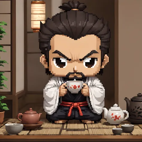 (Pixel art:1.5), (pixel theme:1.5), (chibi emote:1.5), (chibi character:1.5),(fantasy:1.5), (1japanse samurai:1.5), (Toshiro Mifune:1.5), (tea:1.5), (tea ceremony:1.5), (tearoom:1.5),