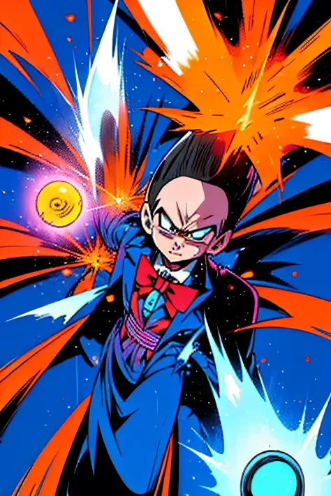 pee-wee herman wearing a bowtie firing a kamehameha blast. dragonball z style. anime.