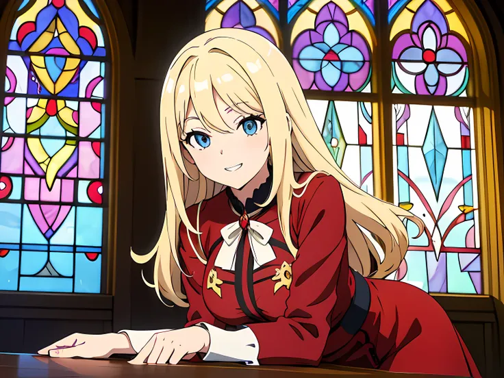 anime girl with long blonde hair, beautiful eyes finely detailed, toothy smile, wearing red dress standing in front of you, lying into the table, leaning towards you, standing in front of stained glass windows, (half body:0.6), anime best girl, masterpiece...