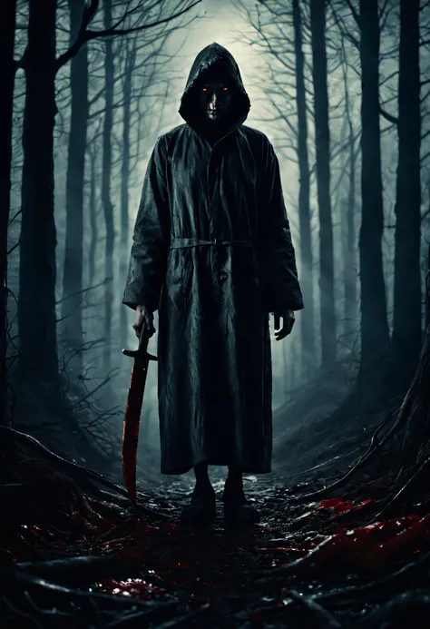 (highres, realistic:1.1)horror movie poster,creepy character,haunting atmosphere,dark forest,blood-drenched knife,realistic lighting and details,terrifying and suspenseful,intense emotions,unsettling composition,nightmarish,captivating visual storytelling,...