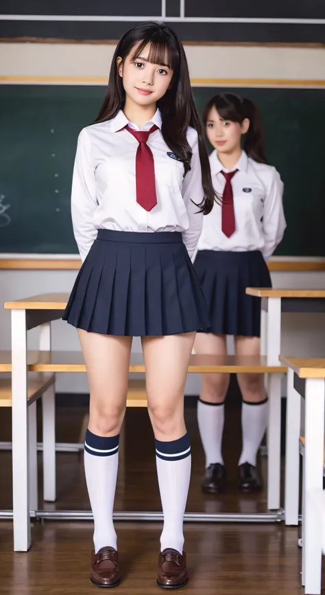 two girls in uniform standing in front of a blackboard, wearing skirt, wearing a skirt, dancing in the background, thighs thighs...