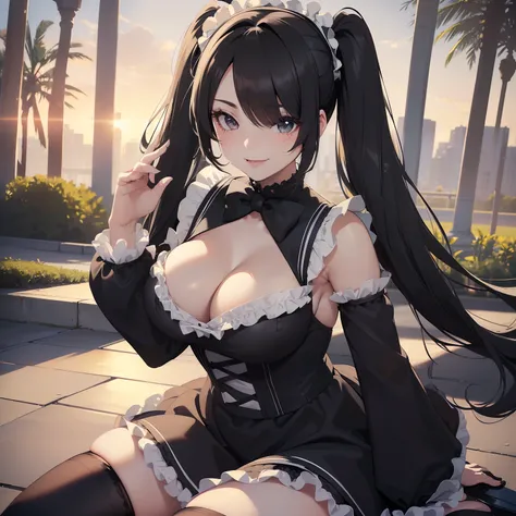 (((((Solo))))), Woman with black hair in twin tails, ((hair covering 1 eye)), ((wearing black and white lolita dress)), (bow accessory), (black eyes), (((C cups)), ((curvy)), (stockings), at a park, sunset, beautiful lighting, perfect hands, beautiful eyes...