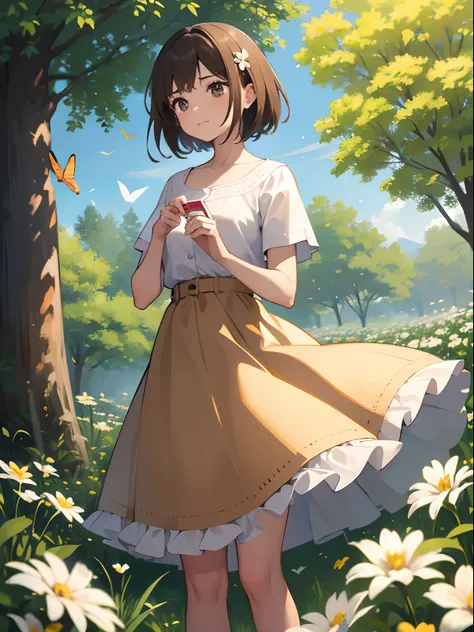 High Detail, Ultra Detail, Ultra High Resolution Light brown eyebrows, short brown hair girl enjoying her time in open field, surrounded by the beauty of nature, warm sun sprinkling on her, white flowers gently swaying in the breeze. Butterflies and birds ...