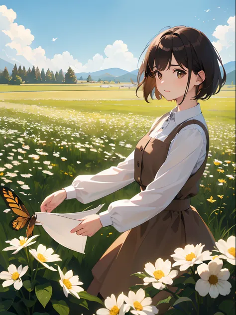 High Detail, Ultra Detail, Ultra High Resolution Light brown eyebrows, short brown hair girl enjoying her time in open field, surrounded by the beauty of nature, warm sun sprinkling on her, white flowers gently swaying in the breeze. Butterflies and birds ...