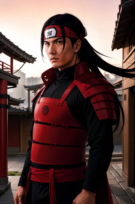 masterpiece, best quality, ultra-detailed, upper body shot, 1man, male focus, hashirama senju, wearing red armor, long black hai...