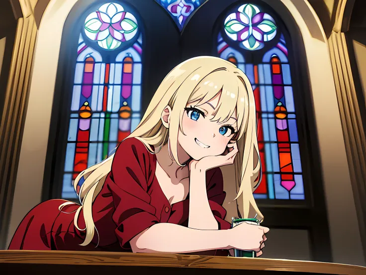 anime girl with long blonde hair, beautiful eyes finely detailed, toothy smile, wearing red dress standing in front of you, lying into the table, leaning towards you, standing in front of stained glass windows, (half body:0.6), anime best girl, masterpiece...