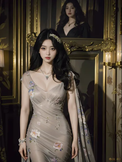 top-quality、tmasterpiece、超A high resolution、(Photorealsitic:1.5)、RAW photogr、1girl in、shadowy、deep shading、Unobtrusive、cold light、Sexy appearance、long whitr hair，curlies、((Luxury evening dress))、((Luxurious painting))、((Luxurious necklace))、((Floral hair o...