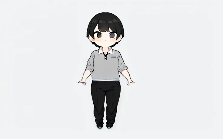 Grey polo dress instead of short , black pants, Grey rubber shoes, chibi, Full body , Short Hair Hair, Black Hair, White background, comfortable