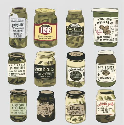 Close-up of a pile of pickles in a jar, pickles, Pickled Cucumber, extra pickles and onions, author：Ben Zoller, pickle rick, rick and morty pickle rick, with labels. High quality, various sizes, jars, packaging design, flask, Caught in bottle, very detaile...