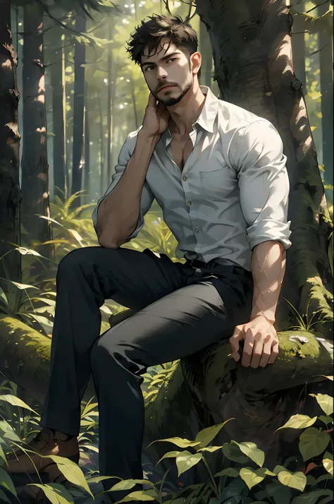 Best quality, masterpiece, expressionless,ultra high res,detailed background,realistic,1man,solo,male,muscular,mature male,short hair,facial hair,sitting,tree,forest,real shadow and light,depth of field,shirt open, underwear