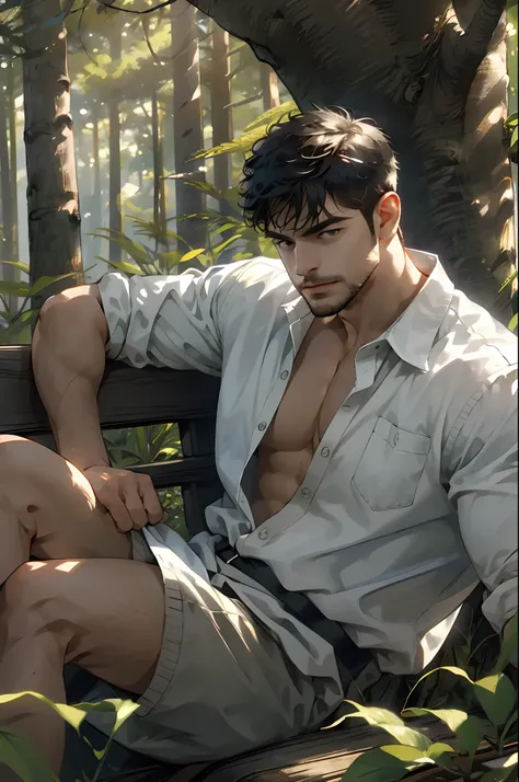 Best quality, masterpiece, expressionless,ultra high res,detailed background,realistic,1man,solo,male,muscular,mature male,short hair,facial hair,sitting,tree,forest,real shadow and light,depth of field,shirt open, underwear