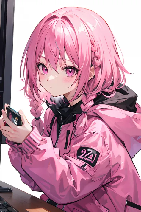 simple background、Braided pink hair、Pink eyes、parka、Playing games