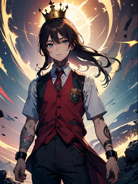 1boy, solo, long hair, brown hair, vest, short sleeves, baggy pants, tattoos, (crown), (godlike), standing, from below, looking at viewer, red magic, sparkles, mist, wrist cuffs, cinematic lighting, best quality, (masterpiece), (ultra detailed), beautiful ...