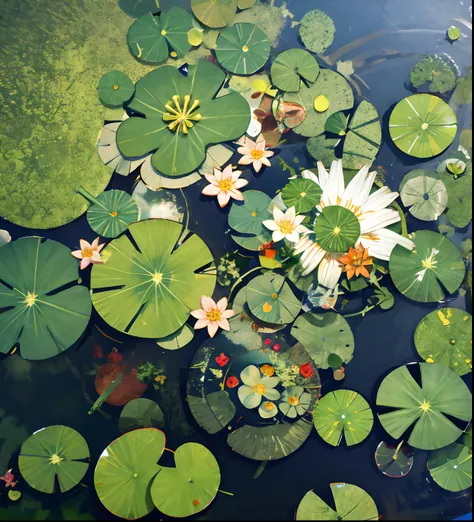 (Masterpiece:1.2), Best quality,fantasy,
scenery, From above, water, No Man, flower, lily pad, Outdoors, rock music, food，top down shot，Overhead shot，top - down photograph