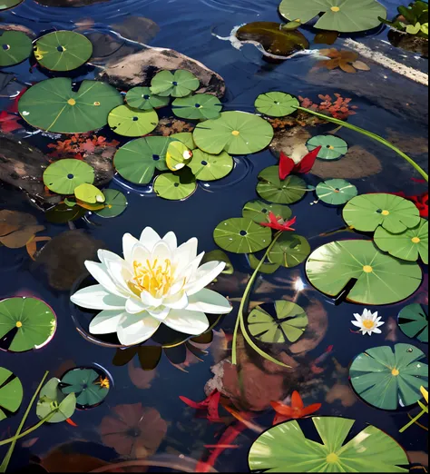 (Masterpiece:1.2), Best quality,fantasy,
scenery, From above, water, No Man, flower, lily pad, Outdoors, rock music, food，top down shot，Overhead shot，top - down photograph