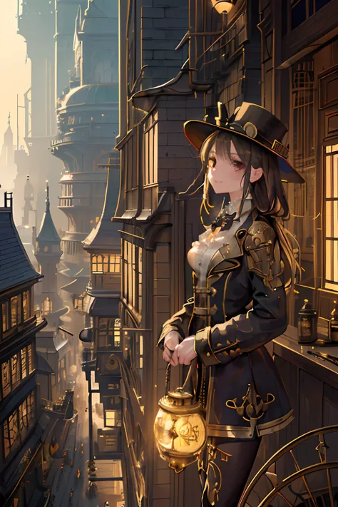 Create an illustration featuring a young girl overlooking a meticulously detailed steampunk cityscape. The entire illustration should exude a nostalgic atmosphere, capturing the essence of a bygone era. The girl is standing on a high vantage point, like a ...