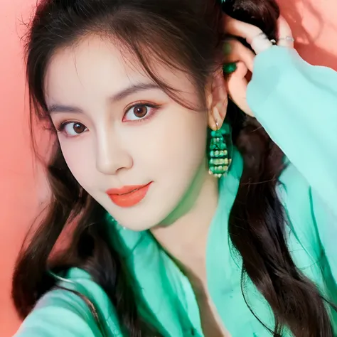 Kpop idol, 1girl, orange hair, green eyes, cover photo, pastel green top, Twin tail hairstyle natural makeup, doe eyes, half Asian half American race, Cover photo, cute pose