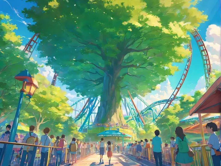 Access to the amusement park，People, Children, Green trees, Roller coaster，Look up，Large pendulum