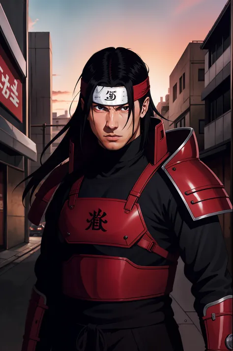 masterpiece, best quality, ultra-detailed, upper body shot, 1man, male focus, hashirama senju, wearing red armor, long black hai...