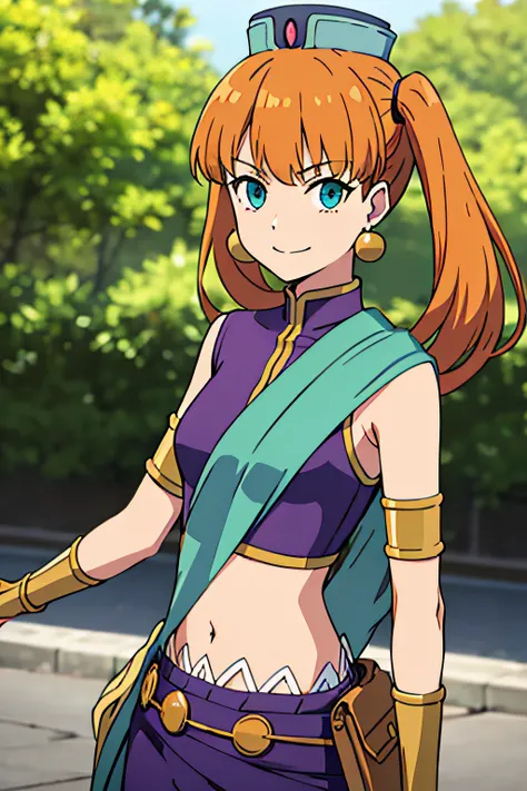 AISHA, ORANGE HAIR, HAT, EARRINGS, CROP TOP, ARMLET, BRACERS, BELT, PURPLE PANTS, 1girl, solo, facing viewer, looking at viewer, upper body, smile