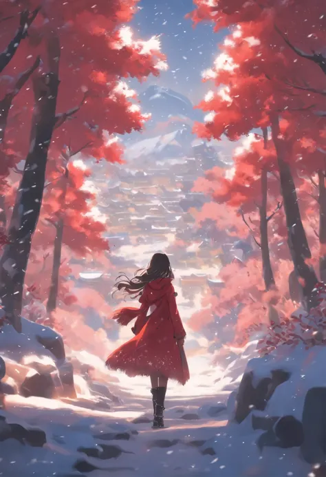 snowy landscape，Background shadows，（The girl who walked away turned her back to the audience:1.1），中景 the scene is，独奏，（cabelos preto e longos），（No hats），Wear a red cotton coat，Black boots，Go far，Heavy snowfall，The road to a faraway place，In winter, The tree...