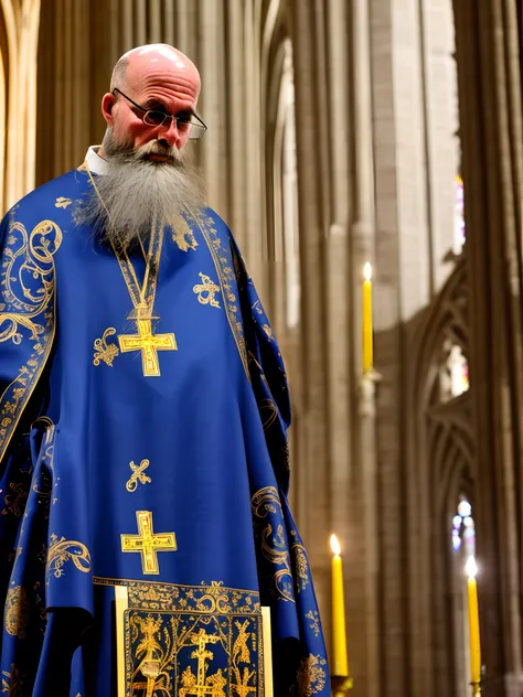 Orthodox Christian Portuguese man, bald, with beard, in a cathedral