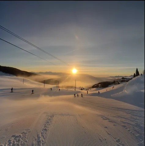 Skiers on the snow slopes，The background is the setting sun, bathed in the glow of a, 4 0 9 6, Beautiful Late Afternoon, golden hour time, shot on iphone, taken on iphone 1 3 pro, beautiful sunrise lighting, shot on iphone 1 3 pro max, taken on iphone 14 p...