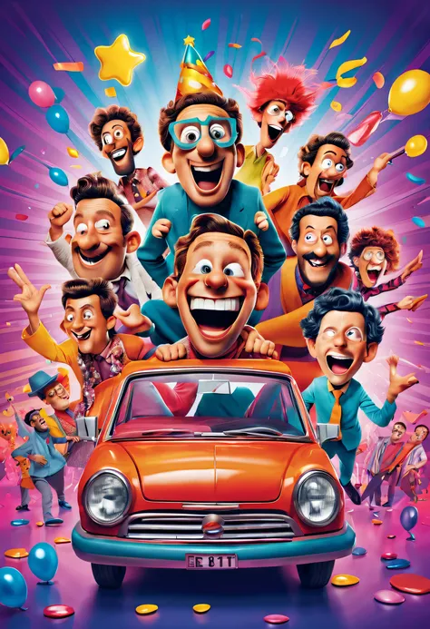 (best quality,highres,ultra-detailed:1.2), (comedy movie poster), (illustration), (vivid colors,high contrast lighting), (funny character,comic character,crazy character), (colorful party scene), (cartoonish style), (hilarious atmosphere), (detailed costum...