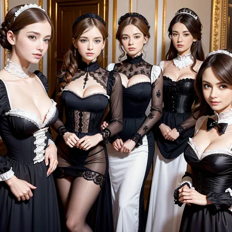 victorian maids line up, detailed face, extremely beautiful face, super model, maids, cute face, young girls, luxury royal lobby...