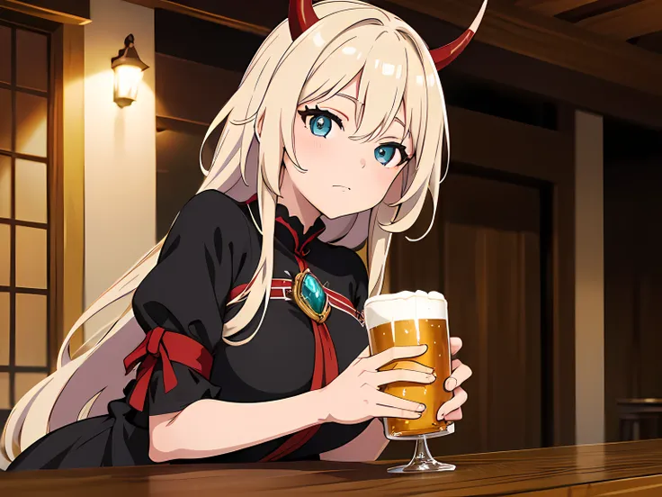 anime girl with horns , beautiful eyes finely detailed, tipsy, black red dress standing in front of you, lying into the table, leaning towards you, standing in the tavern, (half body:0.6), there is a glass of beer on the table, anime best girl, masterpiece...