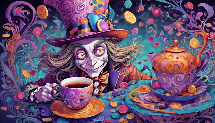 the mad hatter, playfully and elaborately illustrated in an otherworldly style, graciously welcomes the viewer to join him in si...