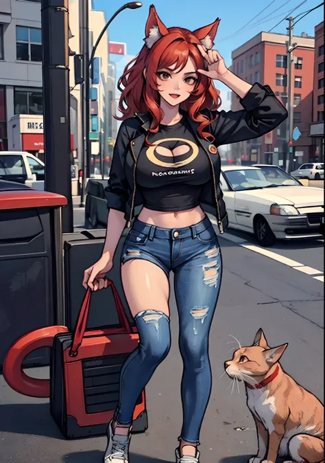 1 ebony girl with red cat ears, curly hair, red haired, wearing a black thigt t-shirt, denim jacket, denim pant and black sneakers, having a big breast and big thights