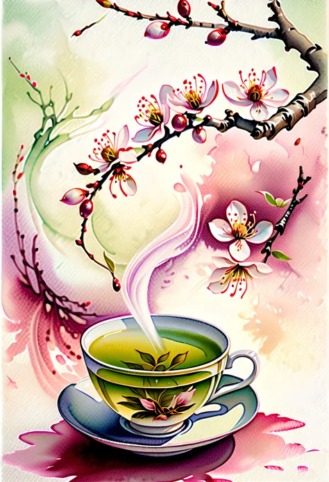 stunning watercolor painting, a steaming cup of green tea with delicate plum blossom petals floating on its surface, graceful dance of plum blossom petals, gentle swirl of plum blossom petals, captured in a stunning watercolor painting, grace and beauty pa...