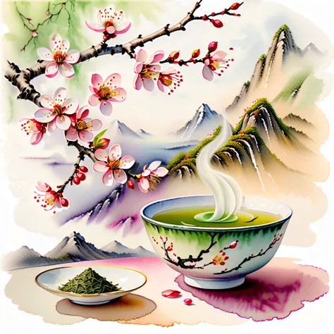 stunning watercolor painting, a steaming tea bowl of green tea with delicate plum blossom petals floating on its surface, graceful dance of plum blossom petals, gentle swirl of plum blossom petals, captured in a stunning watercolor painting, grace and beau...