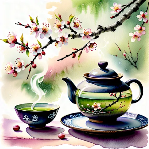 stunning watercolor painting, a steaming tea bowl of green tea with delicate plum blossom petals floating on its surface, gracef...