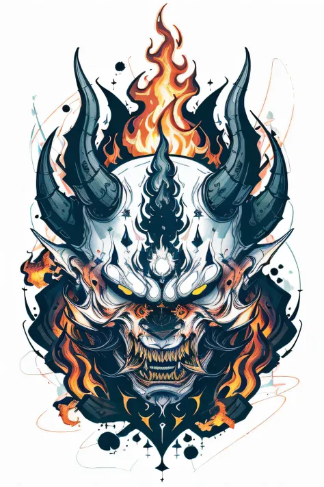 Fire Flame Effect Fine Tattooed White Background Rich in color，The armored demon opened its mouth and roared ，The special effects of demons colorful ghosts and fires create a logo，