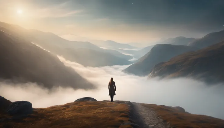 there is a woman standing on a path in the mountains, a detailed matte painting, fantasy art, a wanderer on a mountain, wanderer above the sea of fog, cinematic matte art, wallpaper 4k, elegant cinematic fantasy art, epic dreamlike fantasy landscape