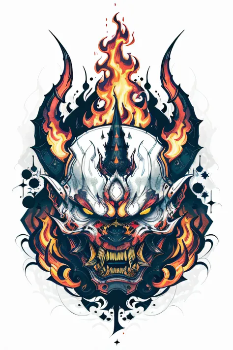 Fire Flame Effect Fine Tattooed White Background Rich in color，The armored demon opened its mouth and roared ，The special effects of demons colorful ghosts and fires create a logo，