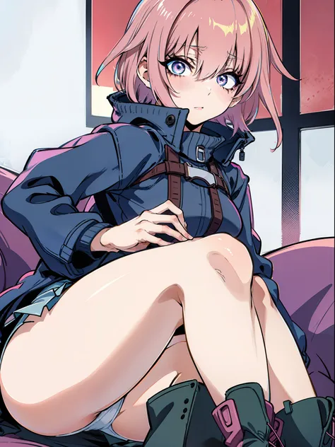 jk, anime girl with pink short hair, coat, miniskirt, sweater, boots