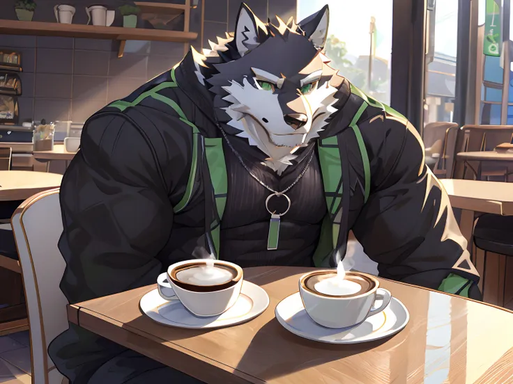 monomasa, solo, furry wolf, black furs, two toned colors, green detailed eyes, muscular body, handsome, good looking, casual set...