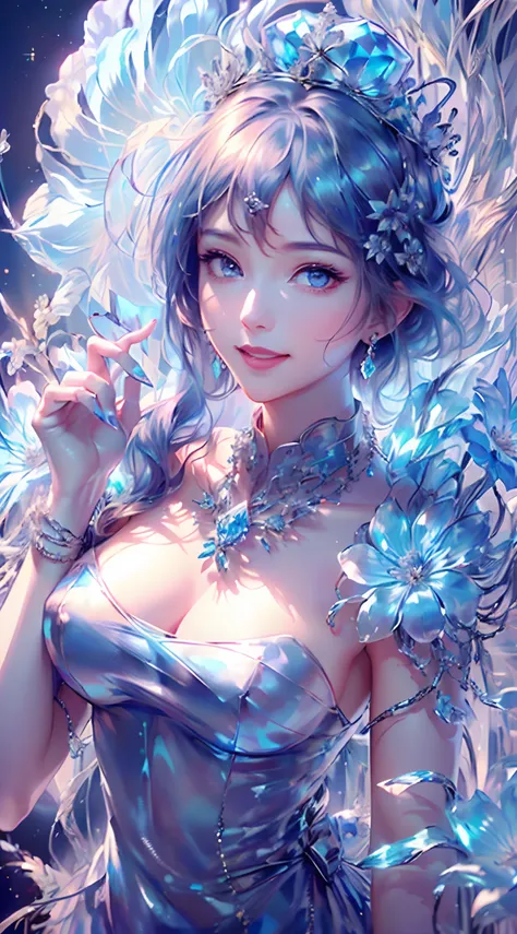 tmasterpiece，Highest high resolution，((((Bow your head and smile))))，Dynamic avatar of a beautiful aristocratic girl，Blue hair is gracefully curled，（((Wearing a crown of huge flowers、Bucket Hat，jewely，Diamond necklace)))，Purple clear eyes，(((Hair is covere...