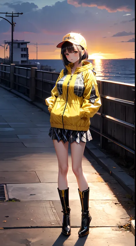 top quality,16K, masterpiece, beautiful high school girl， Light brown beautiful bob hair, Light brown beautiful eyes, looking at viewer, Light brown medium bob hair, plump breast, standing open legs, BREAK (yellow theme:1.4), (oversized and baggy yellow ou...