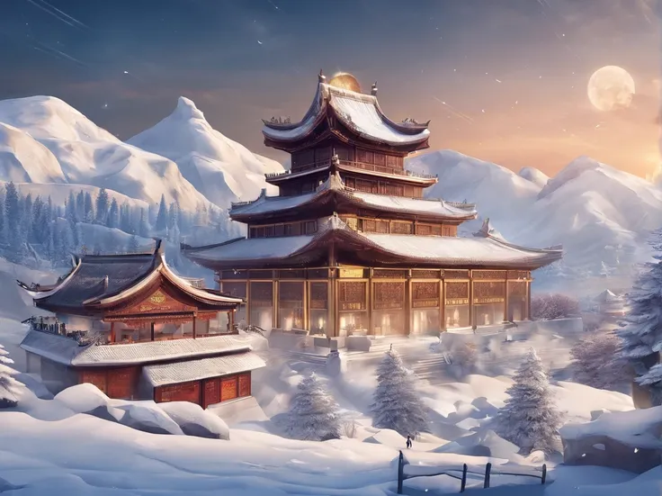 Winter solstice WeChat poster，Realistic style of scenery，There are modern buildings and snow features，The Chinese word "winter solstice" appears