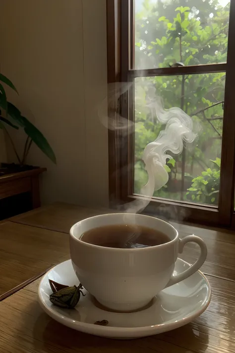 a cup of hot tea, steam rising, delicate porcelain cup, aromatic herbs, soothing beverage, comforting warmth, teabag floating, curled waves, fragrant infusion, swirling mist, tea leaves unfurling, relaxation and tranquility, cozy atmosphere, gentle sip, re...